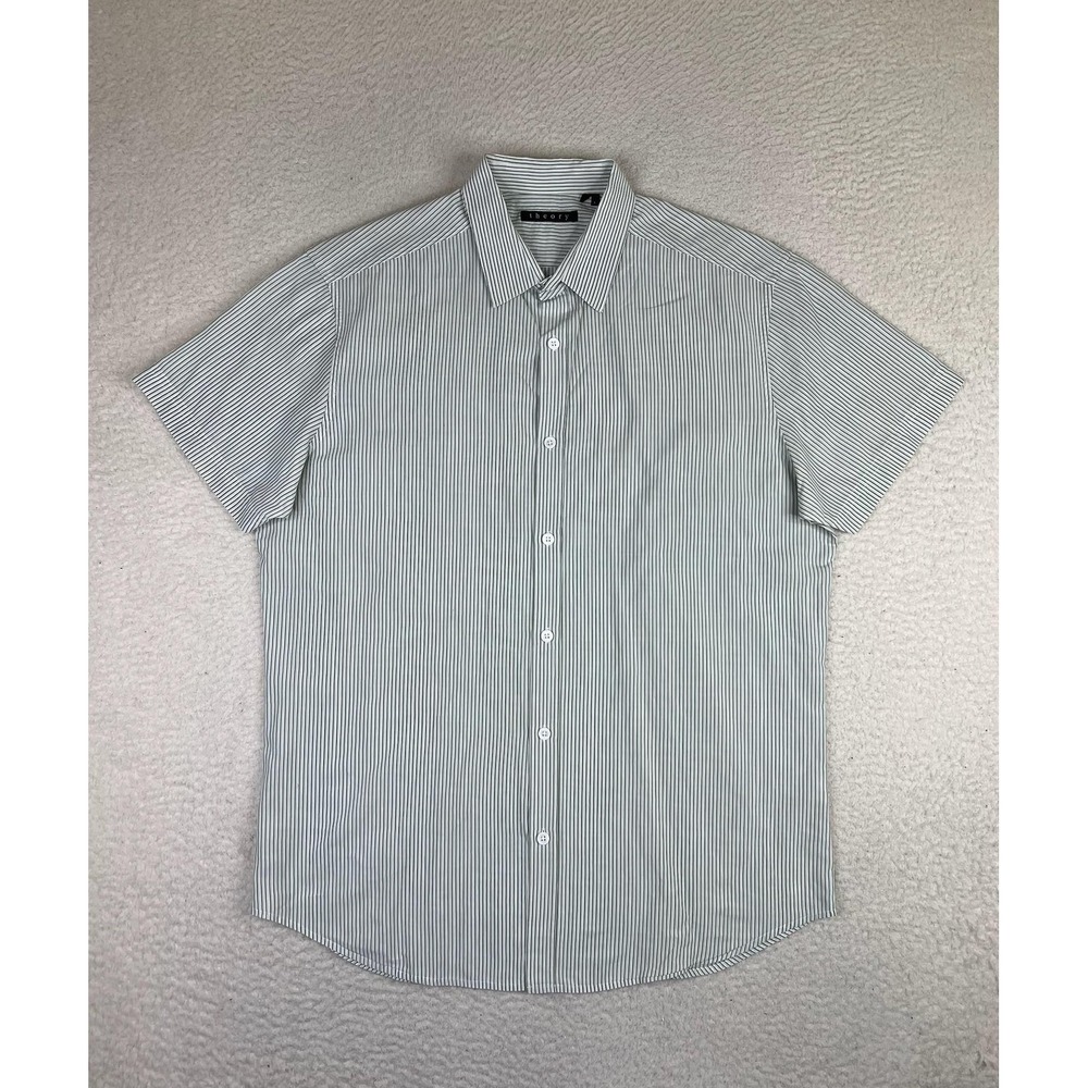 Theory Shirt Mens Large Green Stripe Cotton Short Sleeve Button Up Casual